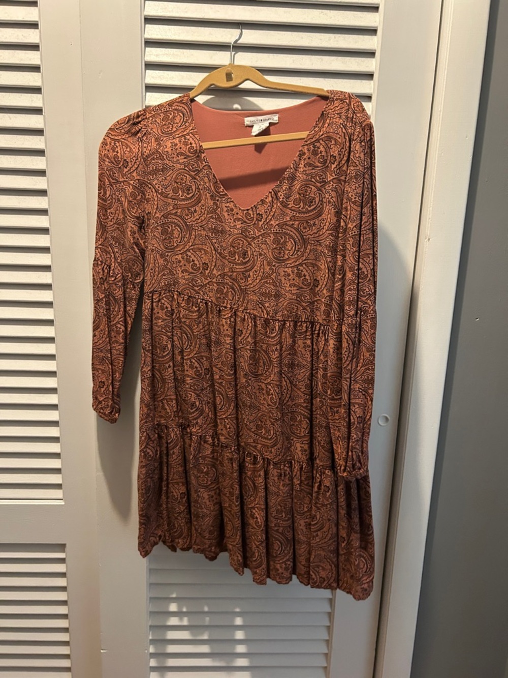 Lucky Brand Rust Paisley Long Sleeve Tiered Dress